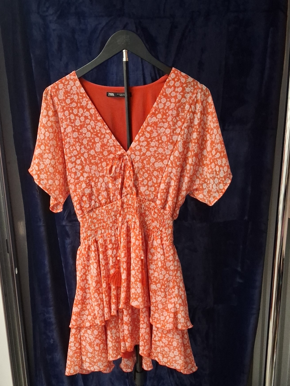 Zara Orange Floral Tie-Front Ruffle Tunic